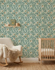 Magnolia Morning green botanical peel and stick wallpaper creating ambiance in a serene bathroom
