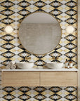 Marble Luxe dramatic black white and gold marble wallpaper as a feature wall in a bright home office