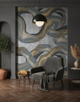 Marbled Ribbons bold silver and gold abstract adding character to a cozy bedroom