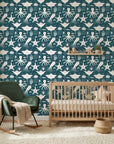 Marine Dream dark teal nautical ocean animal wallpaper in a warm and inviting living room