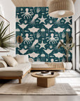 Self-adhesive wall covering with a nautical marine creature design in white and teal blue
