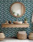 Self-adhesive wallpaper featuring a white and teal blue nautical sea life pattern - Marine Dream