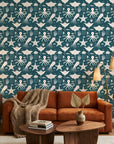 Marine Dream dark teal nautical ocean animal wallpaper creating ambiance in a serene bathroom