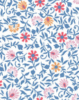 Matisse Reverie wallpaper with coral, pink, and orange florals on cream background with blue botanical scrollwork