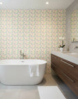 Matisse Meadow playful pastel floral wallpaper creating ambiance in a serene bathroom