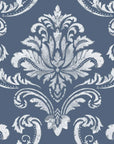 Elegant baroque damask wallpaper in slate blue and silver with ornate scrollwork and floral medallions