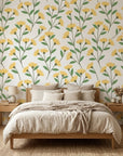 Meadow Light yellow floral peel and stick wallpaper adding character to a cozy bedroom