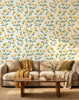 Meadow Light yellow floral peel and stick wallpaper in a warm and inviting living room