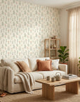 Meadow Song serene botanical wildflower wallpaper in a warm and inviting living room
