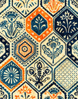 Hexagonal tile wallpaper featuring hand-drawn navy, orange, and cream floral designs, rendered in a vintage style
