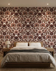 Merlot Garden rich burgundy floral damask wallpaper adding character to a cozy bedroom