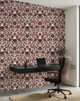 Merlot Garden rich burgundy floral damask wallpaper as a feature wall in a bright home office