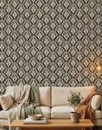 Midnight Frond neutral botanical peel and stick wallpaper in a warm and inviting living room