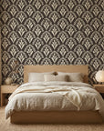 Midnight Frond neutral botanical peel and stick wallpaper adding character to a cozy bedroom