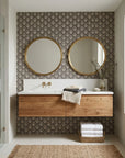 Midnight Frond neutral botanical peel and stick wallpaper creating ambiance in a serene bathroom