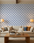 Midnight Garden blue art deco wallpaper in a warm and inviting living room