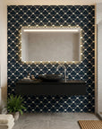 Midnight Mosaic navy and ivory abstract wallpaper creating ambiance in a serene bathroom