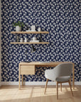 Midnight Embroidery elegant navy floral wallpaper as a feature wall in a bright home office