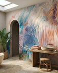 Mineral Bloom pastel crystalline abstract wallpaper as a feature wall in a bright home office