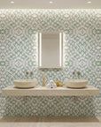 Mist & Meadow sage green abstract wallpaper creating ambiance in a serene bathroom