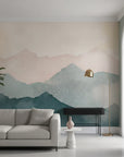 Misted Peaks blush pink and sage layered mountain adding character to a cozy bedroom