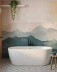 Misted Peaks blush pink and sage layered mountain as a feature wall in a bright home office