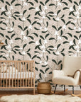 Mistletoe Trail neutral botanical peel and stick wallpaper as a feature wall in a bright home office