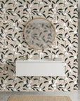 Mistletoe Trail neutral botanical peel and stick wallpaper creating ambiance in a serene bathroom