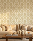 Misty Fern Romance soft gold damask wallpaper in a warm and inviting living room