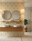 Misty Fern Romance soft gold damask wallpaper creating ambiance in a serene bathroom