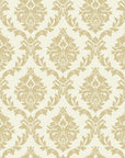 Classic gold damask wallpaper with ornate floral medallions on cream background in Misty Fern Romance pattern