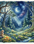 Whimsical Moonlit Woodland wallpaper featuring enchanted forest scene with rabbits, owl, and glowing fireflies under starry sky