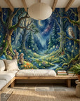 Enchanted forest mural wallpaper with rabbits, owl, and fireflies under starry night sky in living room