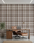 Moors & Mist warm brown plaid check as a feature wall in a bright home office