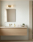 Morning Dew serene light blue and gold art deco wallpaper as a feature wall in a bright home office
