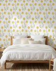 Morning Meadow yellow floral peel and stick wallpaper adding character to a cozy bedroom