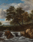 Classical landscape wallpaper with rushing waterfall, ancient trees, and dramatic clouded sky in earth tones