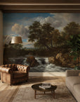 Classical landscape mural wallpaper featuring cascading waterfall with ancient trees and dramatic clouded sky