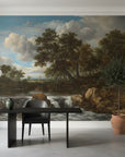 Classical landscape mural wallpaper featuring waterfall, ancient trees, and dramatic clouds in earth tones