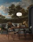 Classical landscape mural wallpaper featuring Mountain Castle Lookout with waterfall and dramatic sky in modern dining room
