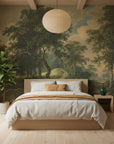 Forest landscape Mountain Passage wallpaper with ancient trees in sage green and cream tones on bedroom wall