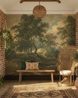 Classical landscape mural wallpaper depicting forest path with ancient trees in sage and amber tones