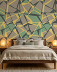 Muted Block earth toned geometric wallpaper adding character to a cozy bedroom