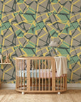 Muted Block earth toned geometric wallpaper creating ambiance in a serene bathroom