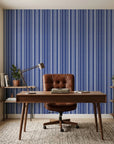 Nautical Code blue and white striped wallpaper as a feature wall in a bright home office