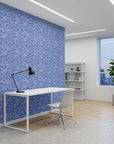 Navy Bloom blue floral botanical as a feature wall in a bright home office