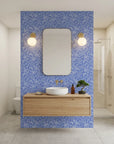 Navy Bloom blue floral botanical creating ambiance in a serene bathroom