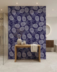 Navy Bounty bold navy pineapple creating ambiance in a serene bathroom