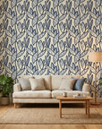 Navy Frond botanical blue leaf in a warm and inviting living room