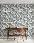 Navy Frond botanical blue leaf as a feature wall in a bright home office